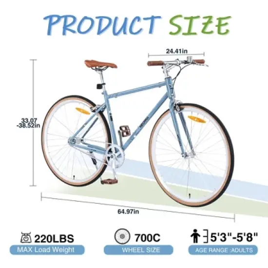 NAYSAYE Bicycle Single Speed Retro Style 700C Road Bike Steel Frame for Men and Women for City Rides, Blue and Gray, 64.97"*24.41"*38.52" image {4}