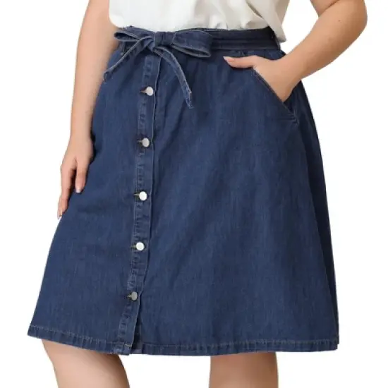 Agnes Orinda Women's Plus Size Denim Tie Waist Button Front A-Line Midi Skirts image {8}