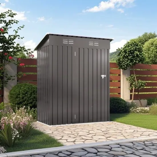 5X3 FT Gray Metal Outdoor Storage Shed with Lockable Door, All-Weather Small Compact Garden Tool Shed for Backyard or Lawn &ndash; Cuddlewood image {8}