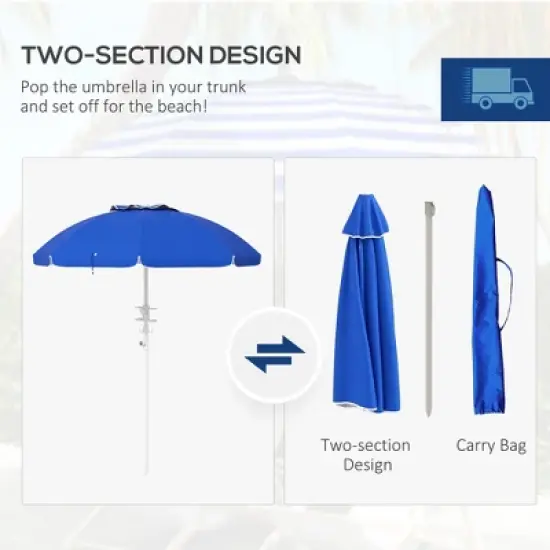 DOMETOUR Outsunny 5.7' Beach Umbrella, Tilt, Adjustable Height, Cup Holders, Hooks, UV 40+ Ruffled Canopy, Vented, Blue image {3}