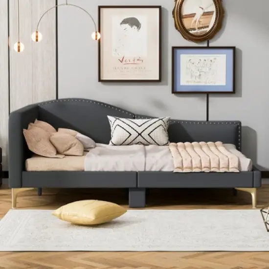 Twin/Full Size Upholstered Daybed with Headboard, Armrest and Support Legs, Grey/Beige-ModernLuxe image {1}