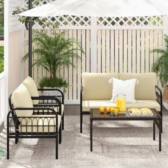 Costway 4 PCS Patio Furniture Set Outdoor Wicker Conversation Bistro Set with Soft Cushions image {4}