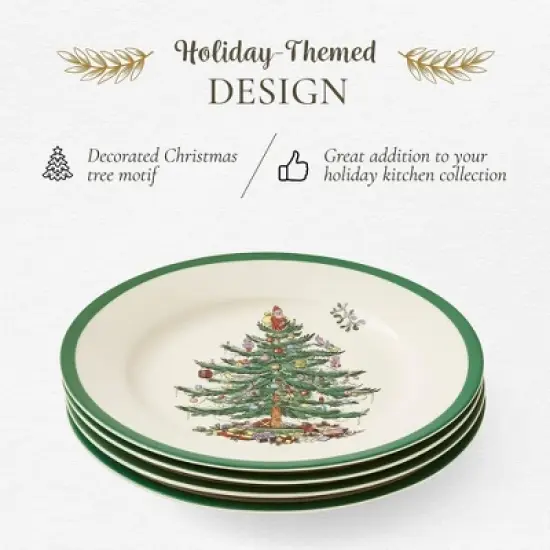 Spode Christmas Tree 8" Salad Plate Set of 4- Stoneware Plate with Christmas Tree Design, Green Bordered Edges, Microwave, Dishwasher & Oven Safe image {2}