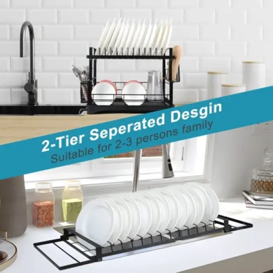 DOMETOUR 2 Piece Dish Drying Rack with Pot Organizer Rack 2 Tier Dish Rack with Drainboard & 8 Adjustable Pan Organizer for Kitchen Counter Storage image {7}