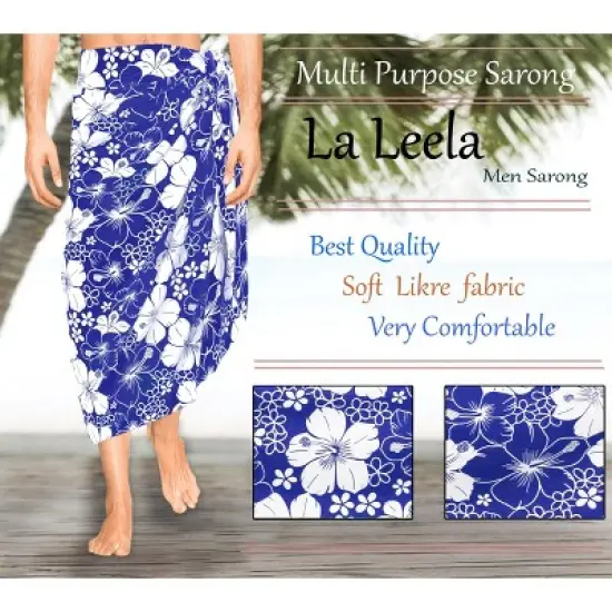 LA LEELA Men's Sarong Bath Swim Pareo Aloha Wrap One Size Blue Floral image {3}