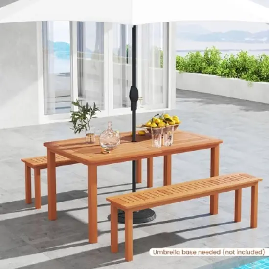 Tangkula Set of 3 Patio Dining Set Solid Wood Dining Table w/2 Benches 2" Umbrella Hole image {2}