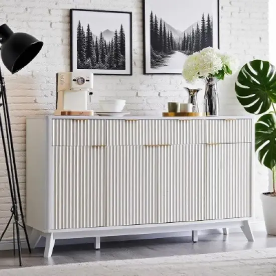 60" Buffet Sideboard Cabinet, Fluted Coffee Bar Table with 3 Drawers & 4 Doors, Modern Sideboard for Dining Room, Living Room image {10}