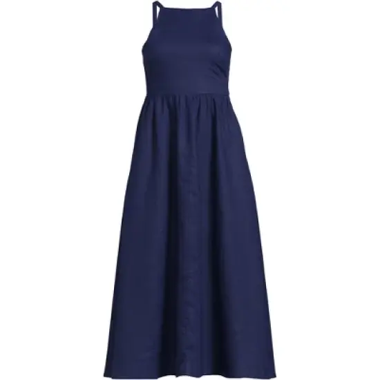 Women's Linen Sleeveless Halter High Neck Midi Dress image {4}