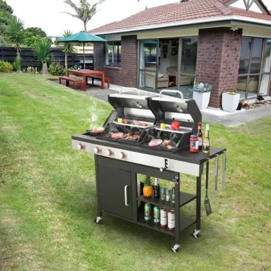 3-Burner Propane Gas and Charcoal Grill with Side Burner,37,230 BTU Stainless Steel BBQ Grill,Outdoor Dual Fuel Barbecue Grill-Coolbibila image {6}