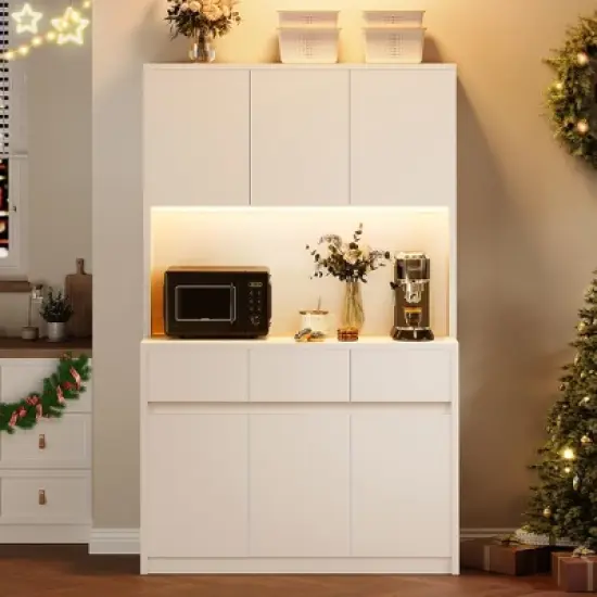71" Kitchen Pantry Cabinet - Hutch Storage with LED Lights & Power Outlets, Buffet Cabinet with Microwave Stand, Adjustable Shelves, Handless Design image {6}