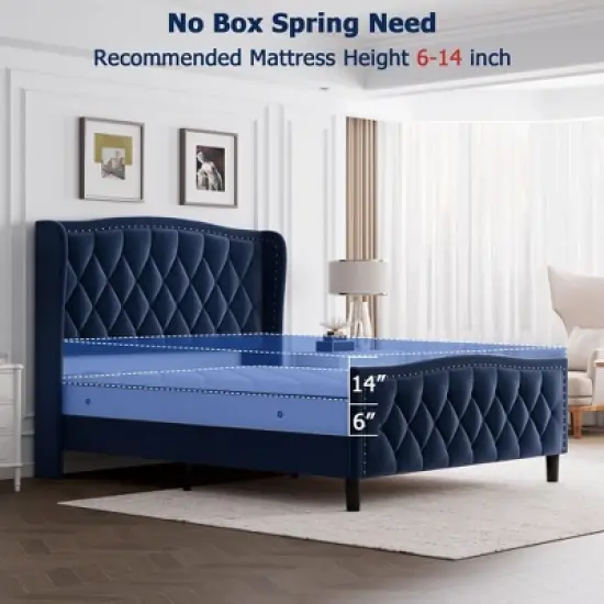 Bed Frame, Platform Bed with Velvet Upholstered Wingback Headboard - Wooden Slat Support, No Box Spring Needed, Easy Assembly image {5}