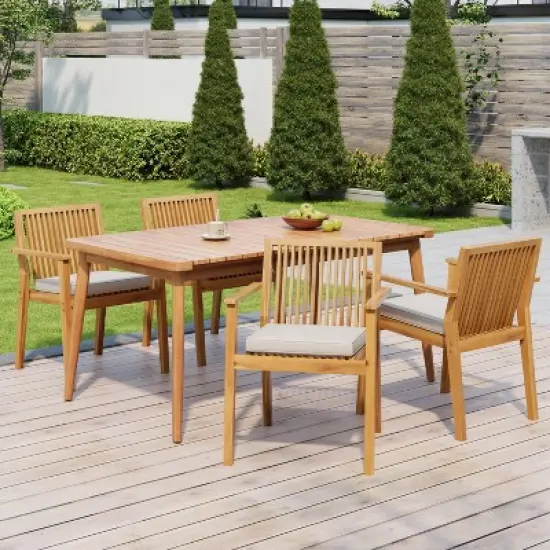Christopher Knight Home Fiora Farmhouse 5 Piece Patio Acacia Wood Dining Set with Cushions image {1}