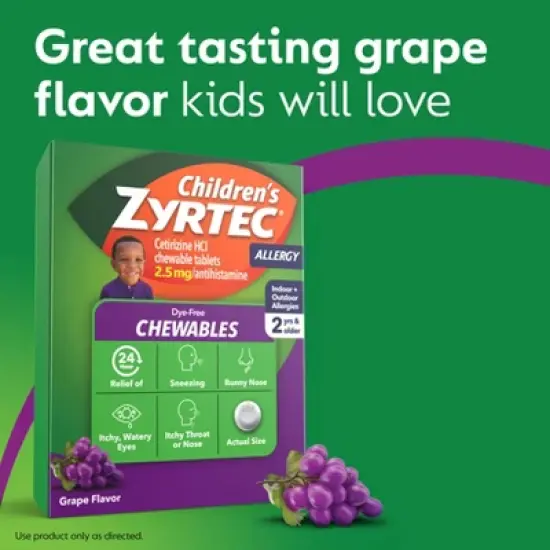 Zyrtec Children's Dye Free Cetirizine 2.5mg Chewables - Grape - 12ct image {3}