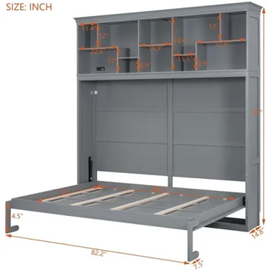 Queen Size Murphy Bed Wall Bed  with Storage Shelves and USB Ports -ModernLuxe image {2}