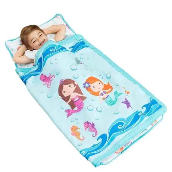 Everyday Kids Toddler Nap Mat &ndash; Underwater Mermaids &ndash; Soft Microfiber, Rollup with Handle & Pillow, for Preschool, Daycare, or Travel -Ages 2-6 years image {6}