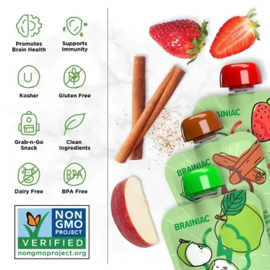 Brainiac Kids Brain Squeezers Applesauce Pouches with Omega-3s Variety Pack Apple, Strawberry and Cinnamon - 3.2oz/10ct image {3}