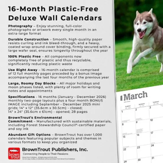 BrownTrout For the Love of Siberian Huskies 2026 14"x24" Hanging Deluxe Wall Calendar Plastic-Free image {5}