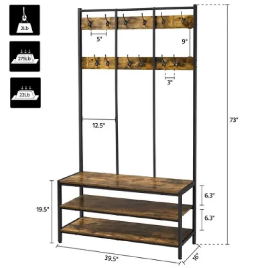 Yaheetech 73"H 3-IN-1 Hall Tree with 2 Shelves & 24 Hooks for Entryway/Hall, Rustic Brown image {2}