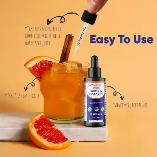 Vitamatic Liquid Biotin & Collagen for Hair Growth - Women & Men &ndash; Supports Glowing Skin, Healthy Hair & Nail Growth (2Fl Oz) image {3}