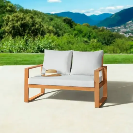 Grafton Eucalyptus 2 Seat Outdoor Bench with Cushions - Gray/Natural - Alaterre Furniture image {1}