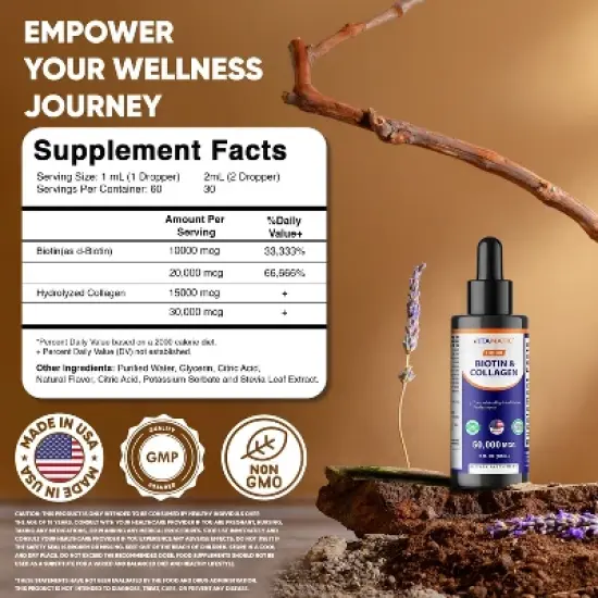 Vitamatic Liquid Biotin & Collagen for Hair Growth - Women & Men &ndash; Supports Glowing Skin, Healthy Hair & Nail Growth (2Fl Oz) image {1}