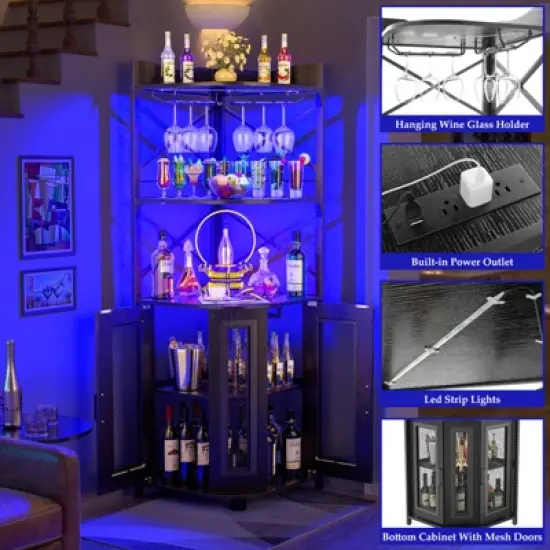 Aheaplus Corner Wine Cabinet with LED Strip and Glass Holder image {2}