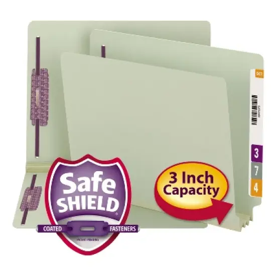 Smead End Tab Pressboard Classification Folders, Two SafeSHIELD Coated Fasteners, 3" Expansion, Letter Size, Gray-Green, 25/Box image {4}