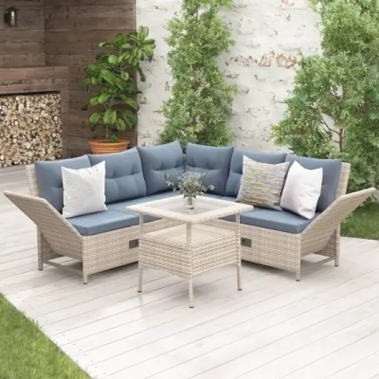 4pc Wicker Adjustable Patio Seating Set with Cushions - Natural/Gray - GODEER image {2}