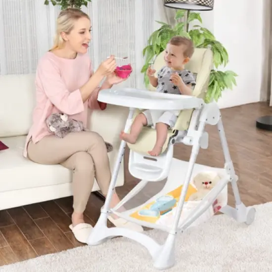 Infans Baby Convertible Folding Adjustable High Chair w/Wheel Tray Storage Basket Beige image {1}