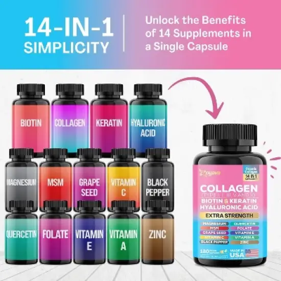 Zoyava Collagen Pills Peptides Types I, II, III, V & X 64,000 MCG, All in One Supplement, 180 ct image {3}