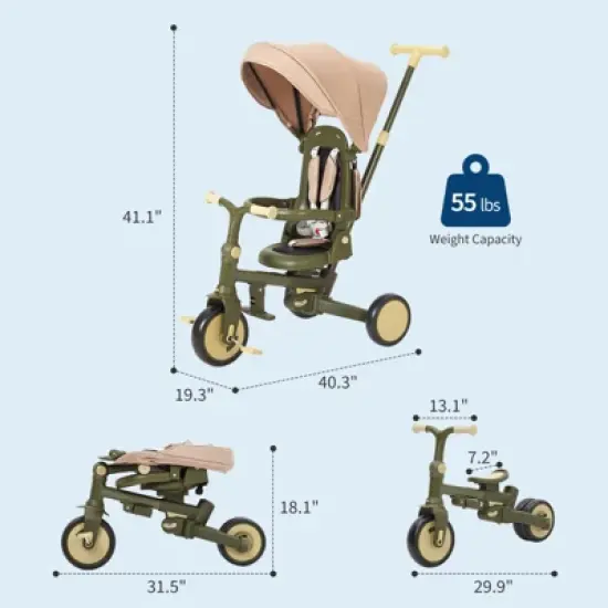 Jojoka 7-in-1 Foldable Baby Tricycle Adjustable Parent Handle Toddler Trike w/ Safety Harness Wheel Brakes & Removable Canopy Green Blue Olive Green image {6}