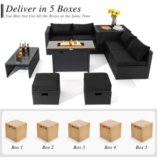 Tangkula 9 PCS Outdoor PE Rattan Wicker Sectional Sofa with 42" 60,000 BTU Gas Fire Pit Table Space-Saving Conversation Set with Storage Box Black image {8}