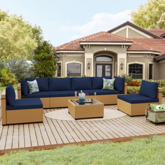 UPHA 7-Piece Rattan Patio Sofa Conversation Set with Cushions image {10}