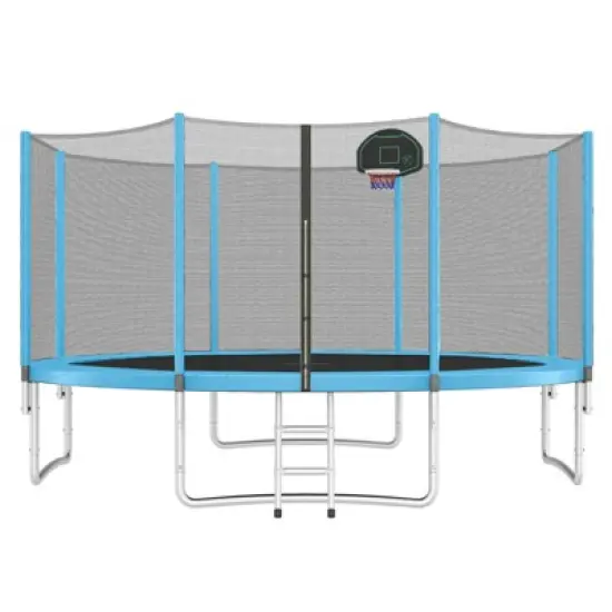 DSVIMOY 14FT Trampoline for Kids with Safety Enclosure Net, Basketball Hoop and Ladder, Round Outdoor Recreational Trampoline, Blue, 168"*168"*105" image {3}
