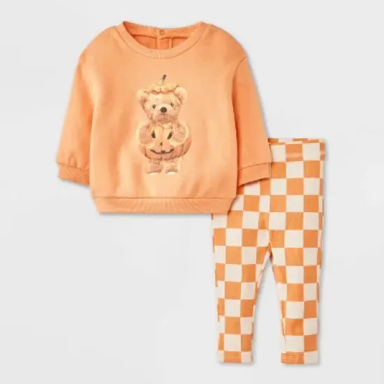 Baby 2pc Teddy Bear Halloween Pumpkin Pullover & Checkered Bottom Set - Orange image {4}