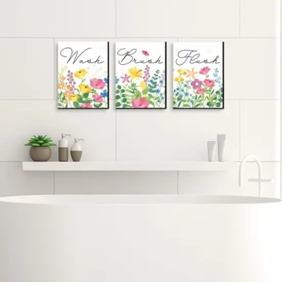 Big Dot of Happiness Wildflowers - Boho Floral Kids Bathroom Rules Wall Art - 7.5 x 10 inches - Set of 3 Signs - Wash, Brush, Flush image {1}