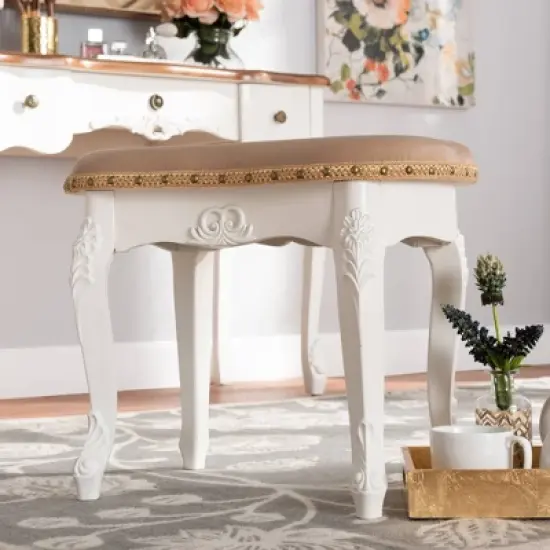 Gabrielle Velvet Fabric Upholstered Wood Vanity Ottoman Sand/White/Gold - Baxton Studio image {6}