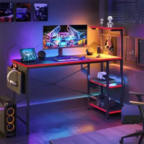 Bestier 52 Inch LED Gaming Desk with 4 Tiers Shelves & Storage Bag image {2}