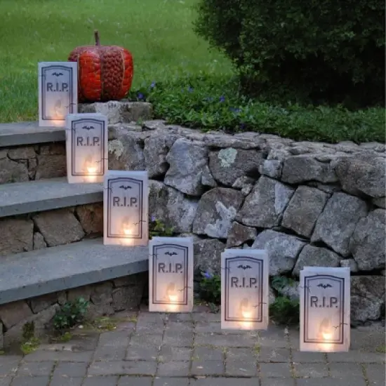 6ct Battery Operated Luminaria LED Kit with Timer: Outdoor & Indoor Novelty Path Lights, Halloween Decor, Gray image {2}