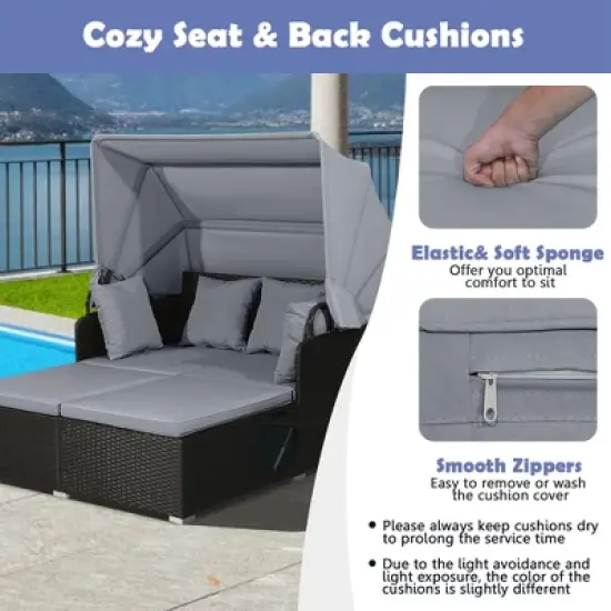 Costway Patio Rattan Daybed Lounge Retractable Top Canopy Side Tables Cushions image {6}