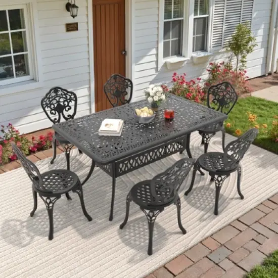 All-Weather Elegant 7-Piece Cast Aluminum Dining Set - Rectangle Table & Ergonomic Chairs for Garden Patios image {8}