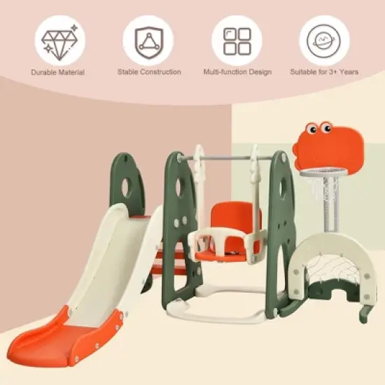 Costway 6 in 1 Toddler Slide and Swing Set Climber Playset w/ Ball Games White\Orange image {2}