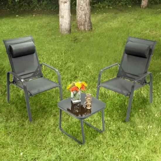 Costway 3PCS Patio Bistro Furniture Set Adjustable Back Stackable Chairs Brown\Black image {12}