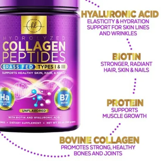 Collagen Peptides Powder Unflavored Grass Fed Collagen Powder Type I & III Collagen Supplements, Hyaluronic Acid, Biotin, 28 Servings By Hello Lovely! image {5}