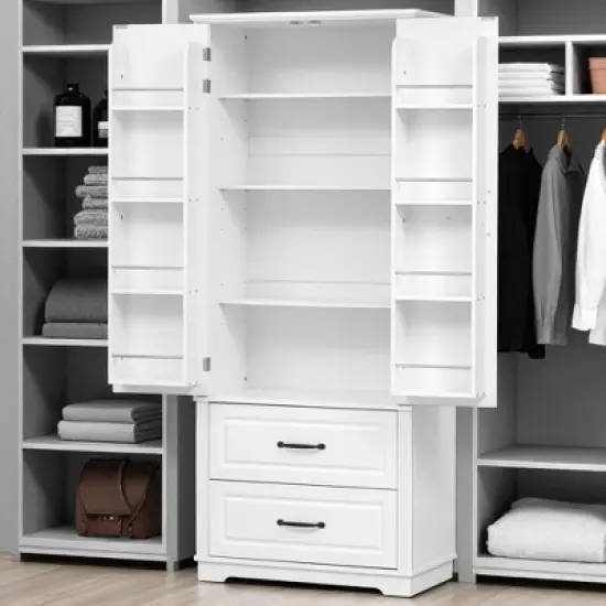 Kitchen Pantry Cabinet with 2 Drawers, 8 Door Shelves, Adjustable Shelves, Embossed Texture Freestanding Storage Hutch for Dining Room image {8}