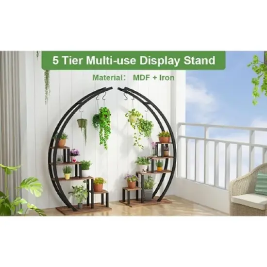 5 Tier Metal Plant Stand, Half-Moon Shape Plant Rack With Hanging Hooks, Tall Plant Holder for Home Decor, Garden, Balcony image {8}