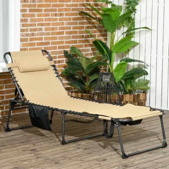 TIRAMISUBEST Folding Chaise Lounge Chair with 5 Adjustable Positions, Face Hole & Side Pocket for Beach/Patio/Yard, Beige image {9}
