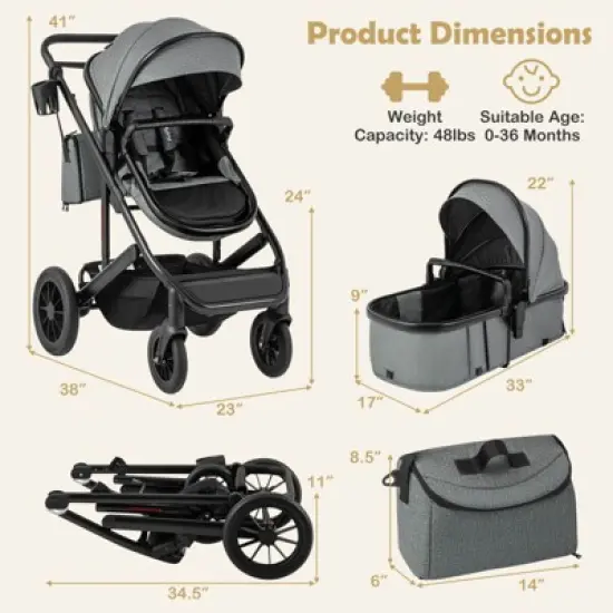 Infans 3-in-1 Newborn Stroller Folding Convertible High Landscape Toddler Stroller image {1}