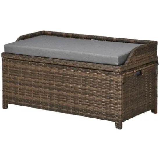 Outsunny Storage Bench Rattan Wicker Garden Deck Box Bin with Interior Waterproof Bag and Comfy Cushion, Gray image {3}