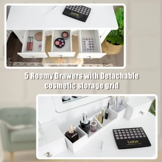 Tangkula Rotatable Mirror Vanity Set Makeup Dressing Table and Stool w/ 5 Drawers image {5}